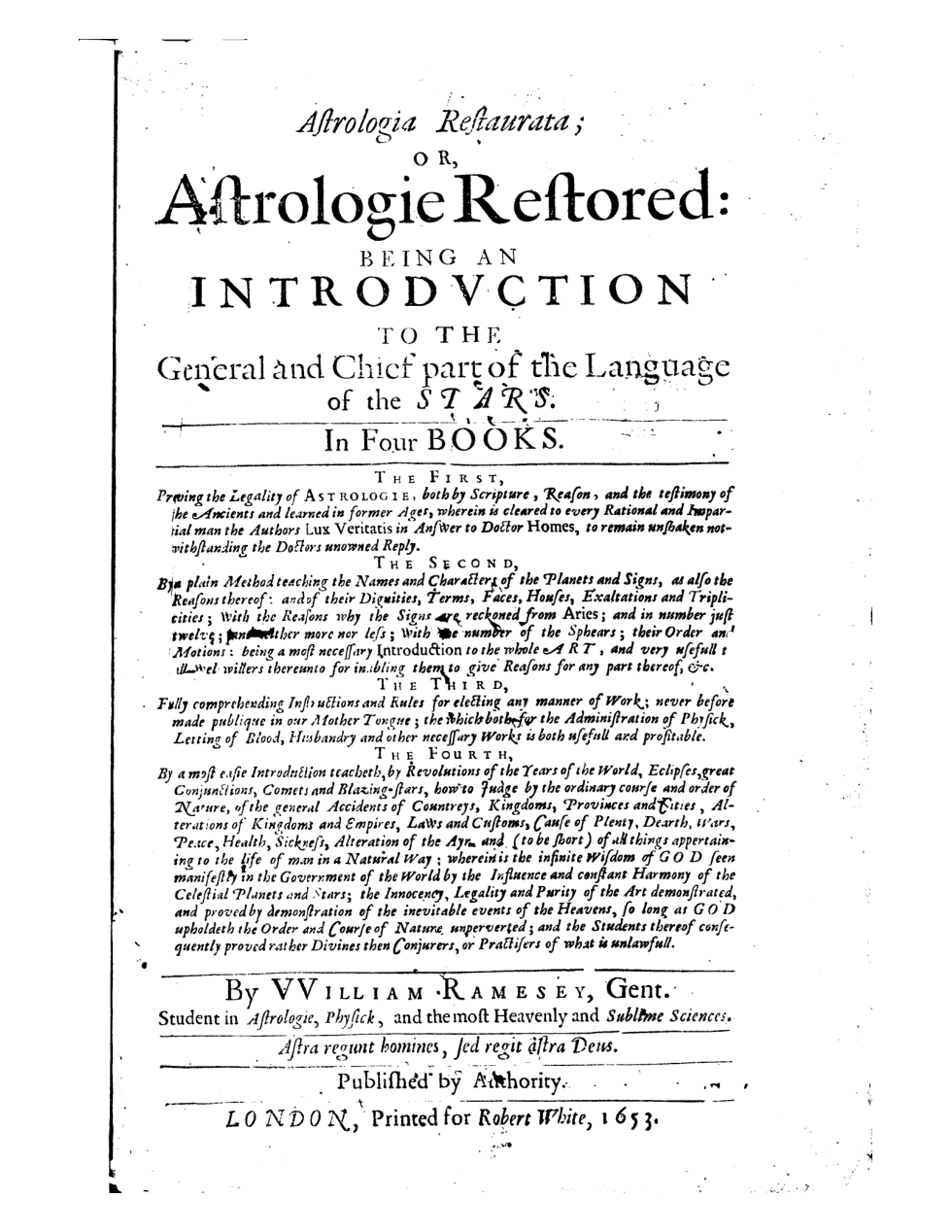 Ramesey, William - 1653 - Astrology Restored cover