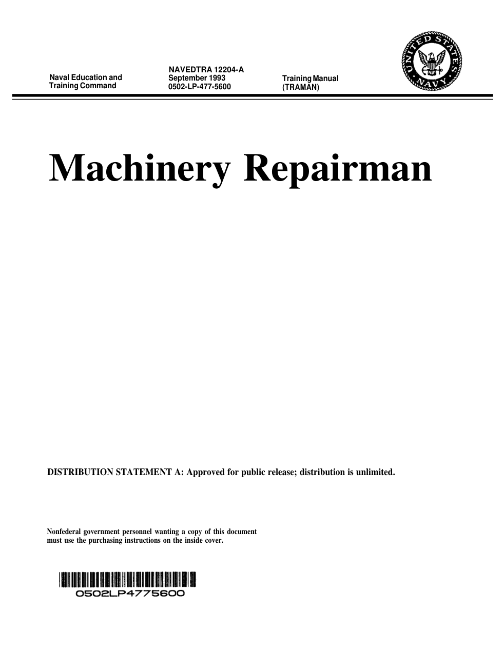 NAVY Machinist - Machinery Repairman 1993 406 pages cover