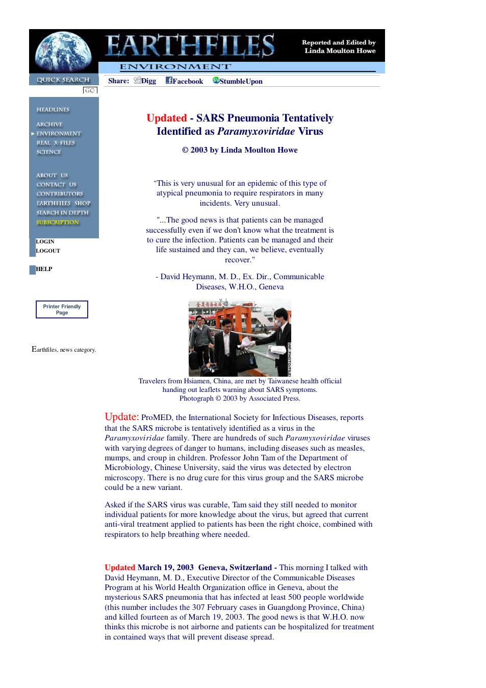 03 18 2003 Updated - SARS Pneumonia Tentatively Identified as Paramyxoviridae Virus cover