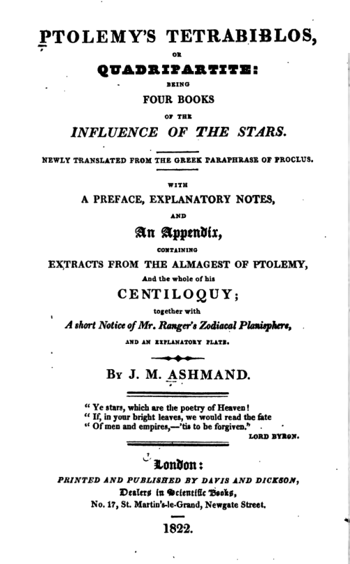 Ptolemy's Tetrabiblos - J M Ashmand cover