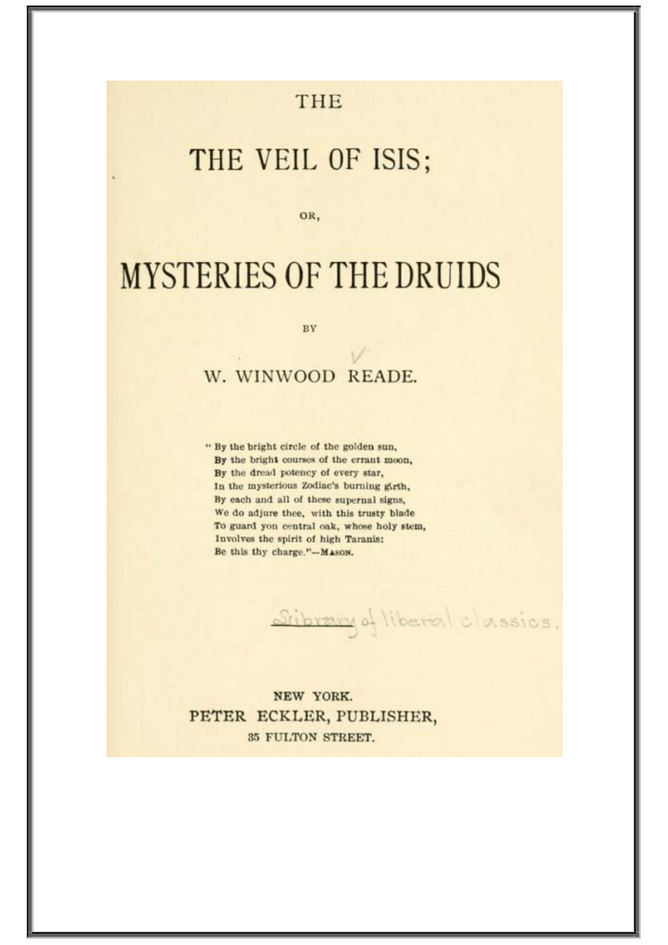 William Winwood Reade - The Veil of Isis, Or, The Mysteries of the Druids cover