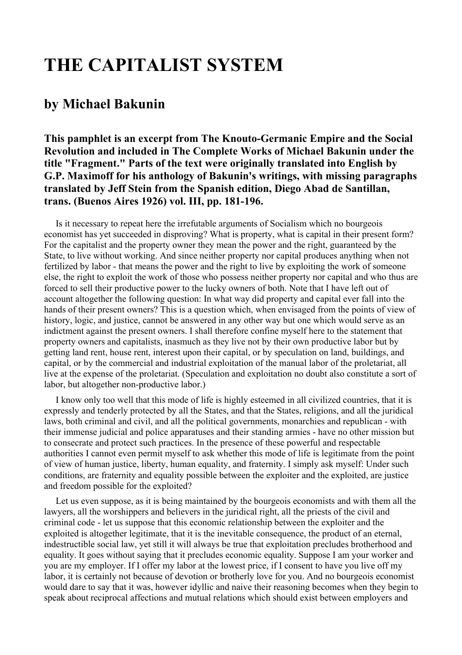 Miikhail Bakunin - The Capitalist System cover