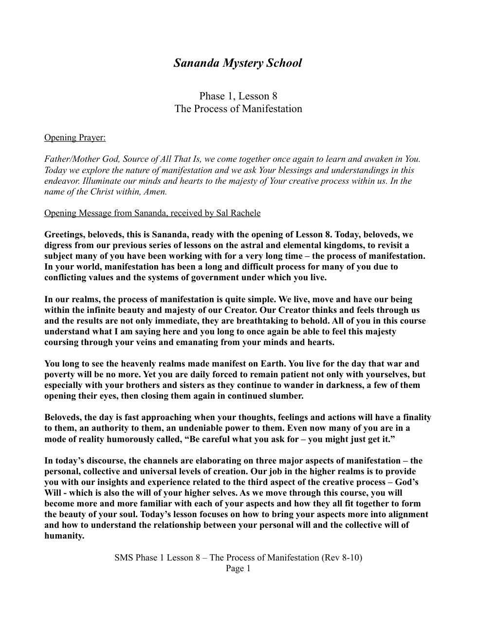 SMS Phase 1 Lesson 8 - The Process of Manifestation cover