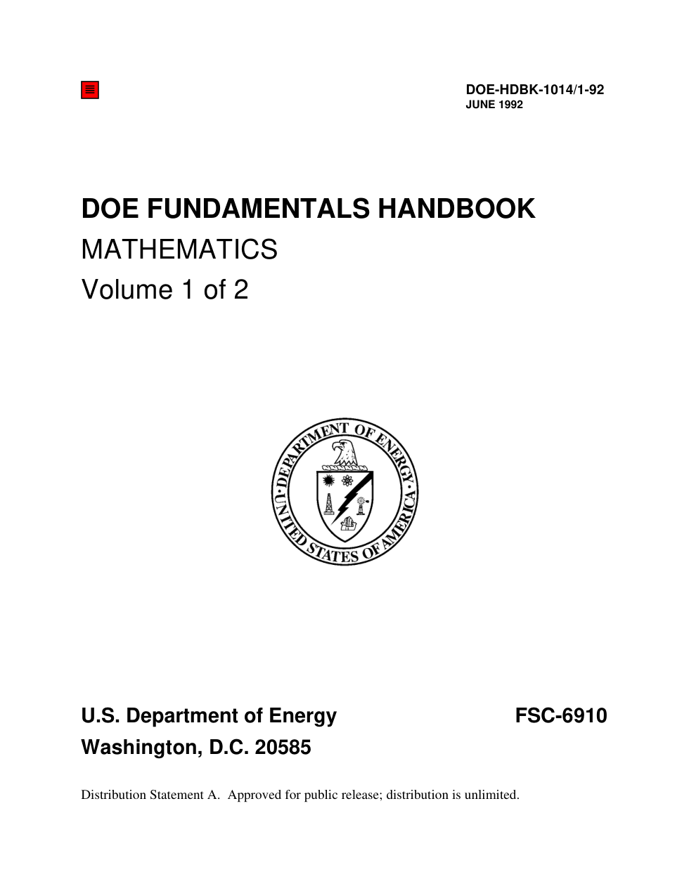USDOE - Mathematics, Volume 1 of 2 1992 206 pages cover