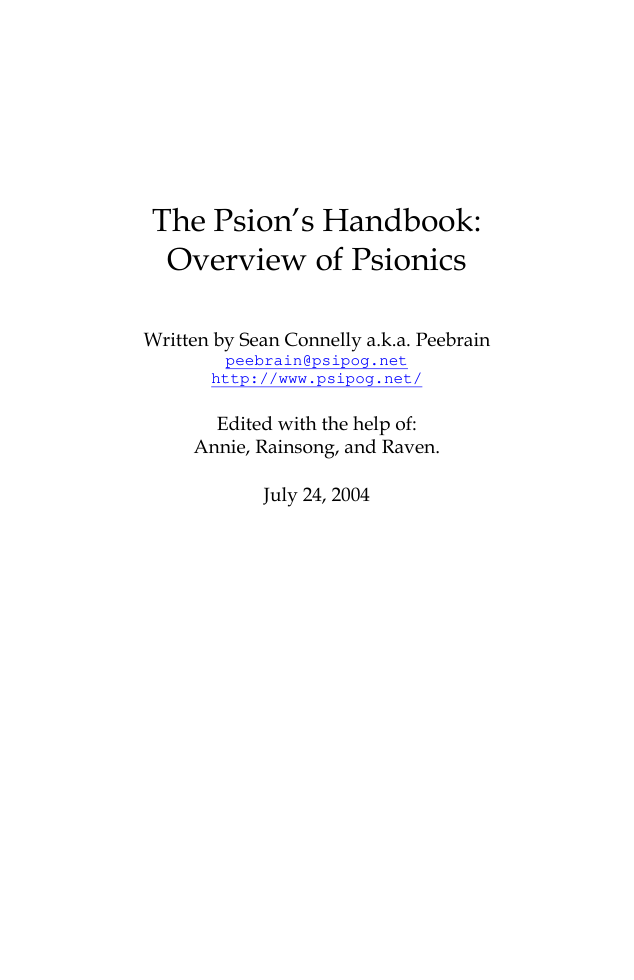 Sean Connelly - The Psion Handbook cover
