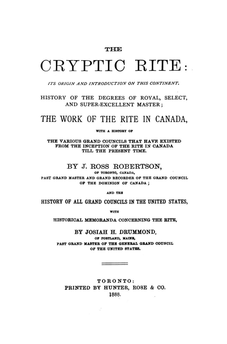 The Cryptic Rite In Canada - J R Robertson cover