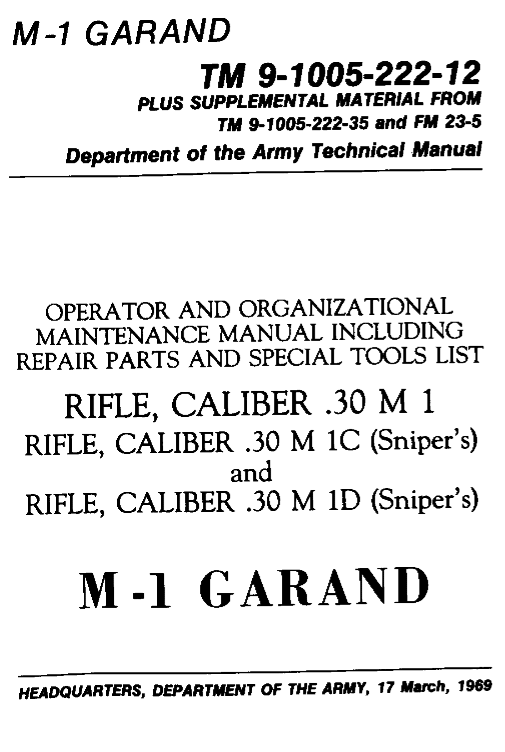 ARMY Vietnam - M1 Garand Rifle TM 9-1005 1969 43 pages cover