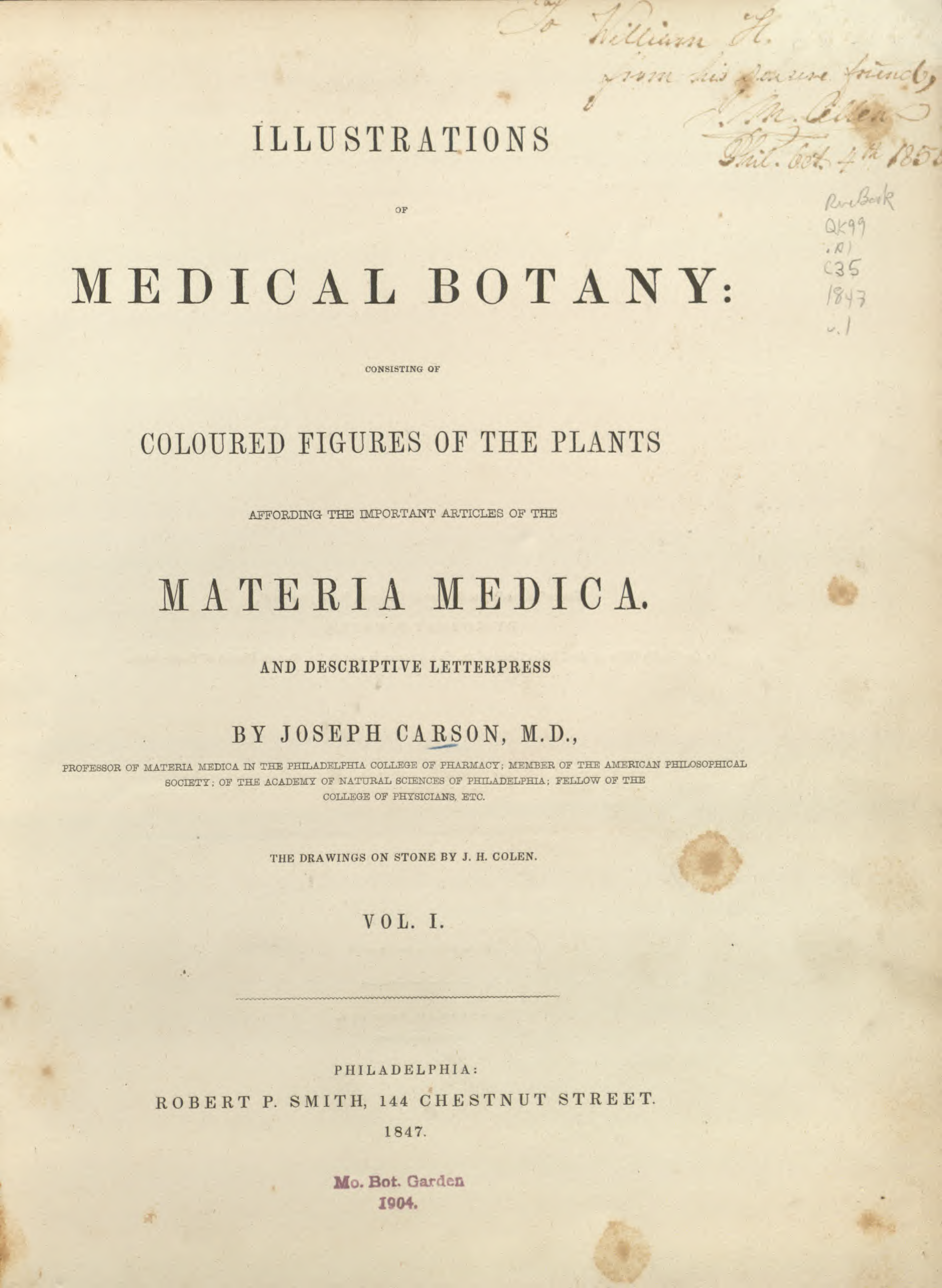 Illustrations of medical botany consisting of coloured figures of the plants Vol 1 - J Carson (1847) cover