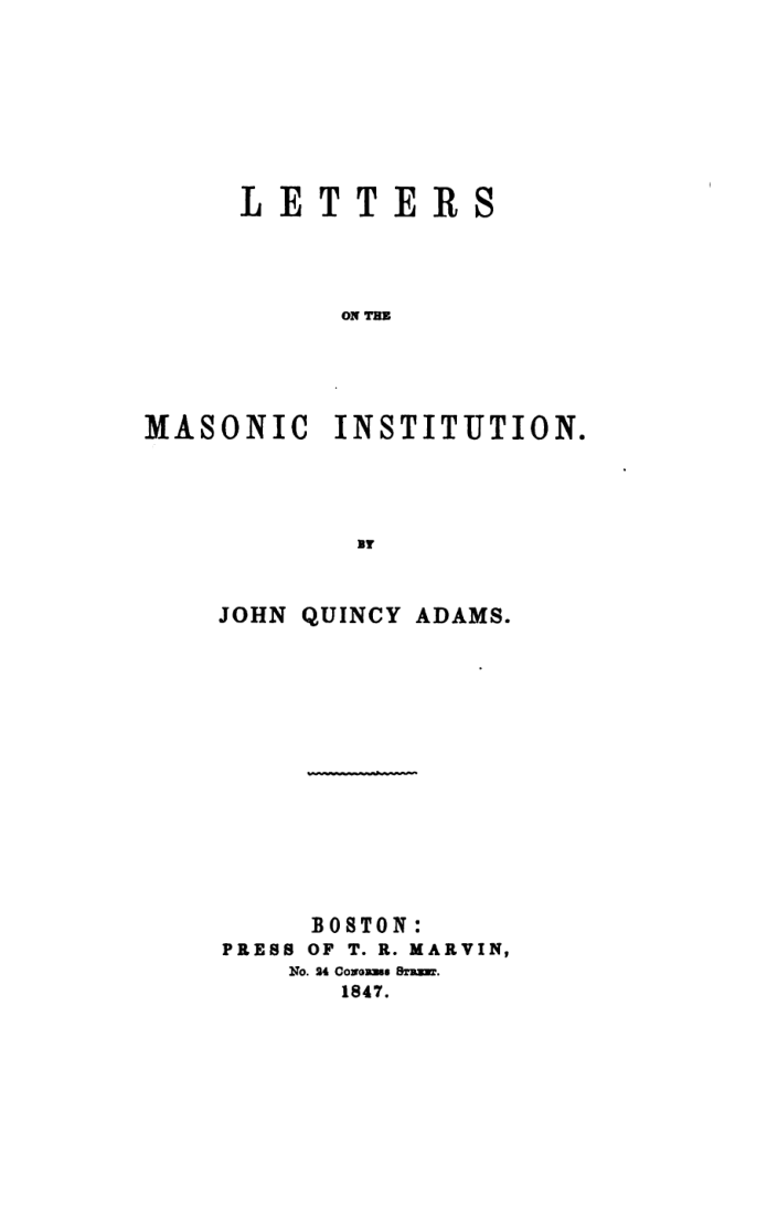 Letters on the Masonic Institution - J Quincy Adams cover
