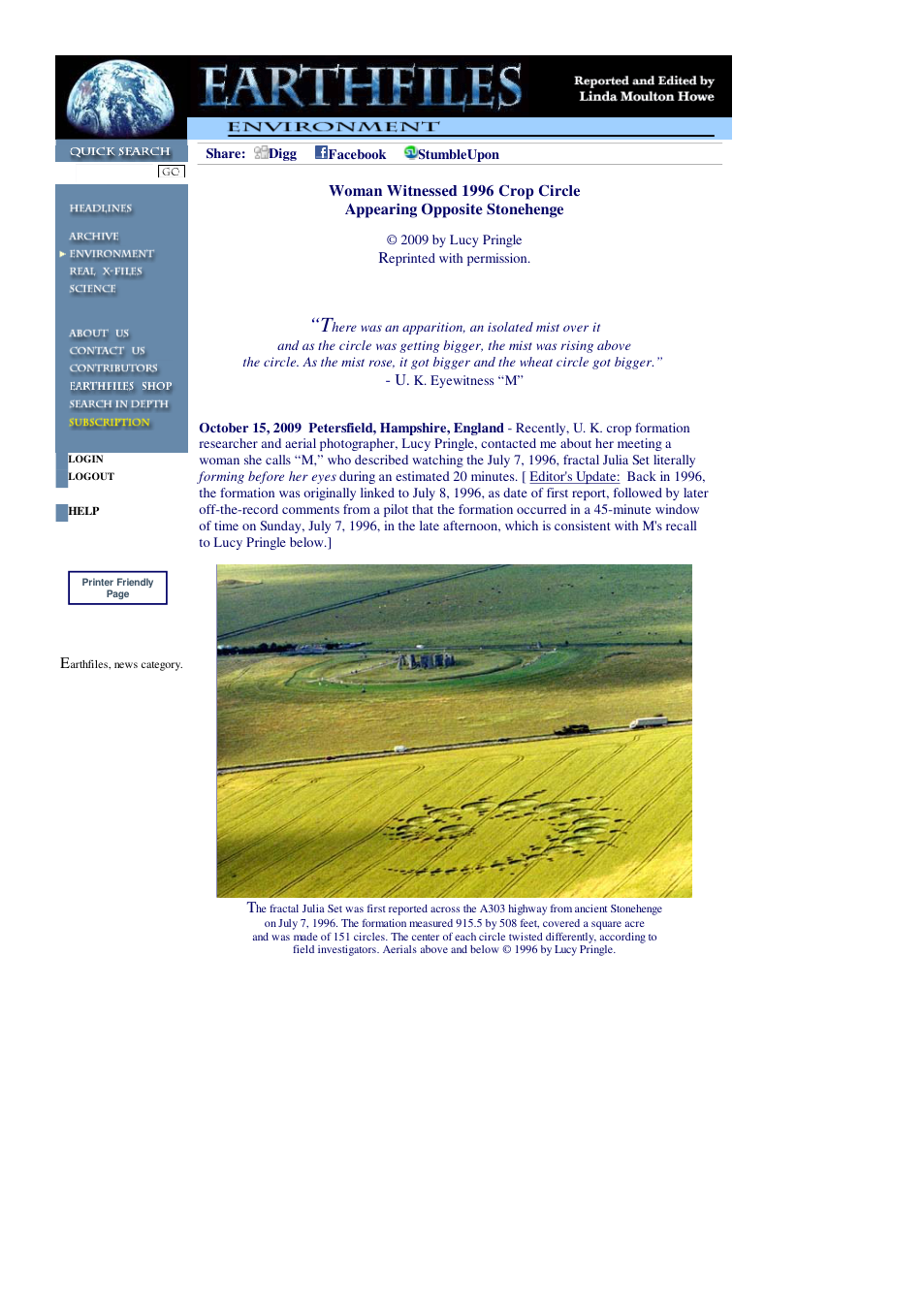 10 15 2009 Woman Witnessed 1996 Crop Circle Appearing Opposite Stonehenge cover