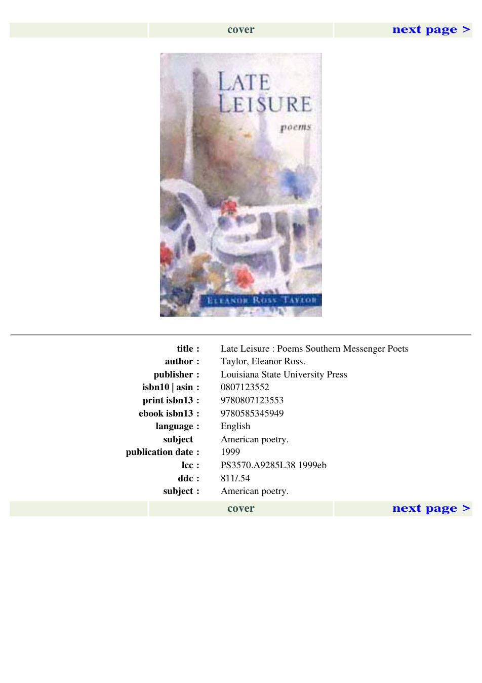 Eleanor Ross Taylor - Late Leisure Poems Southern Messenger Poets cover