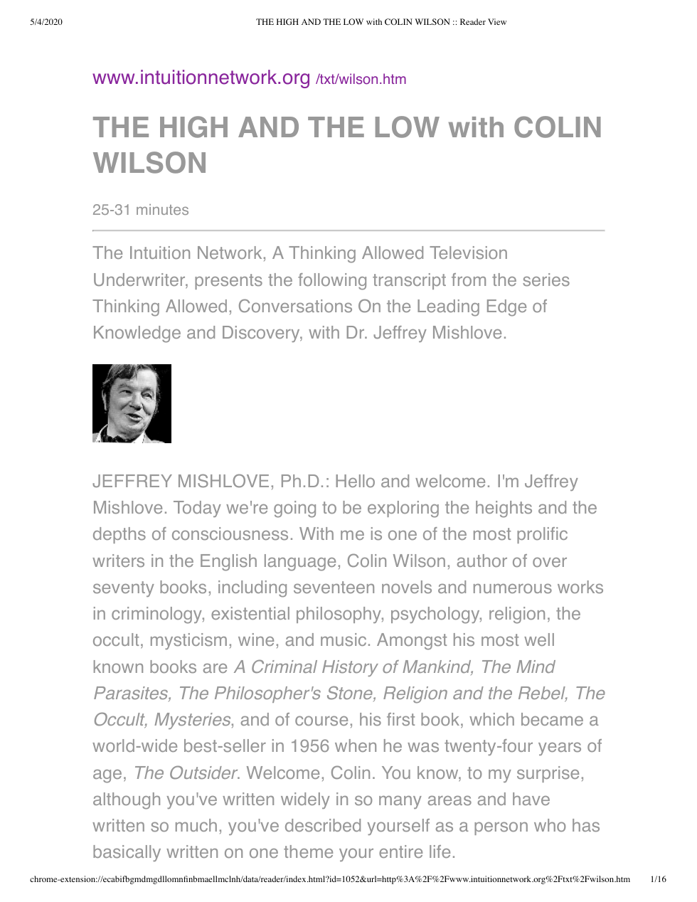 Colin Wilson - Interview By Jeffrey Mishlove cover