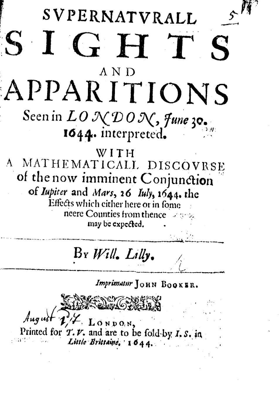 Lilly, William - 1644 - Supernaturall Sights and Apparitions cover