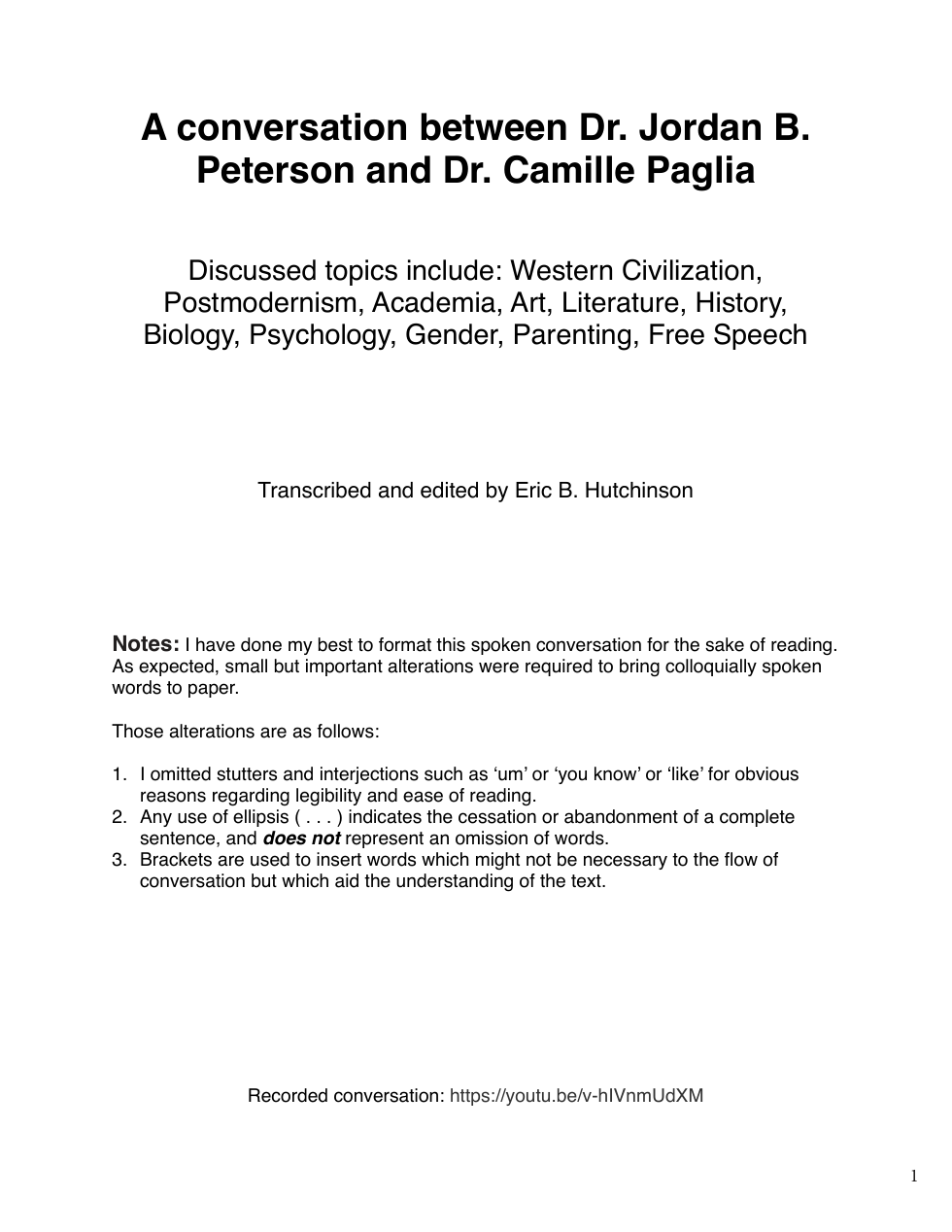 Jordan Peterson - transcript of conversation with Dr. Camille Paglia cover