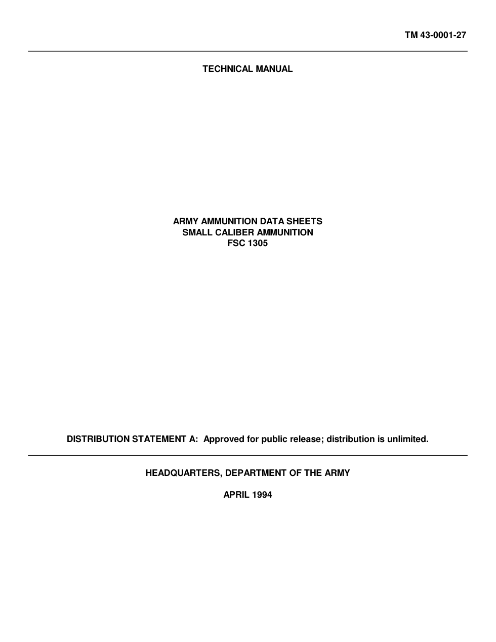 ARMY Amunition Data Sheets for Small Caliber Firearms 1987 cover