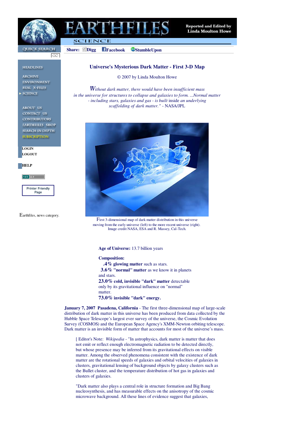 01 07 2007 Universe's Mysterious Dark Matter - First 3-D Map cover