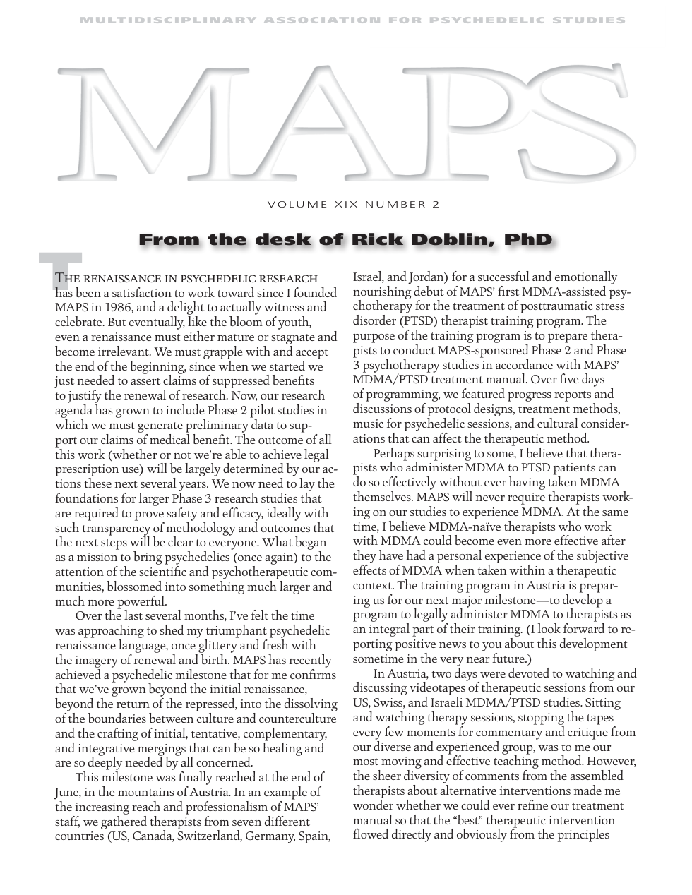 v19n2 MAPS Research Update 2009 cover