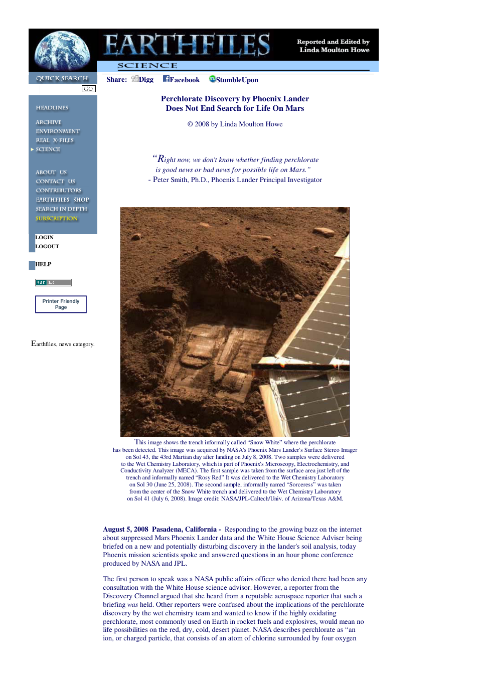 08 05 2008 Perchlorate Discovery by Phoenix Lander Does Not End Search for Life On Mars cover