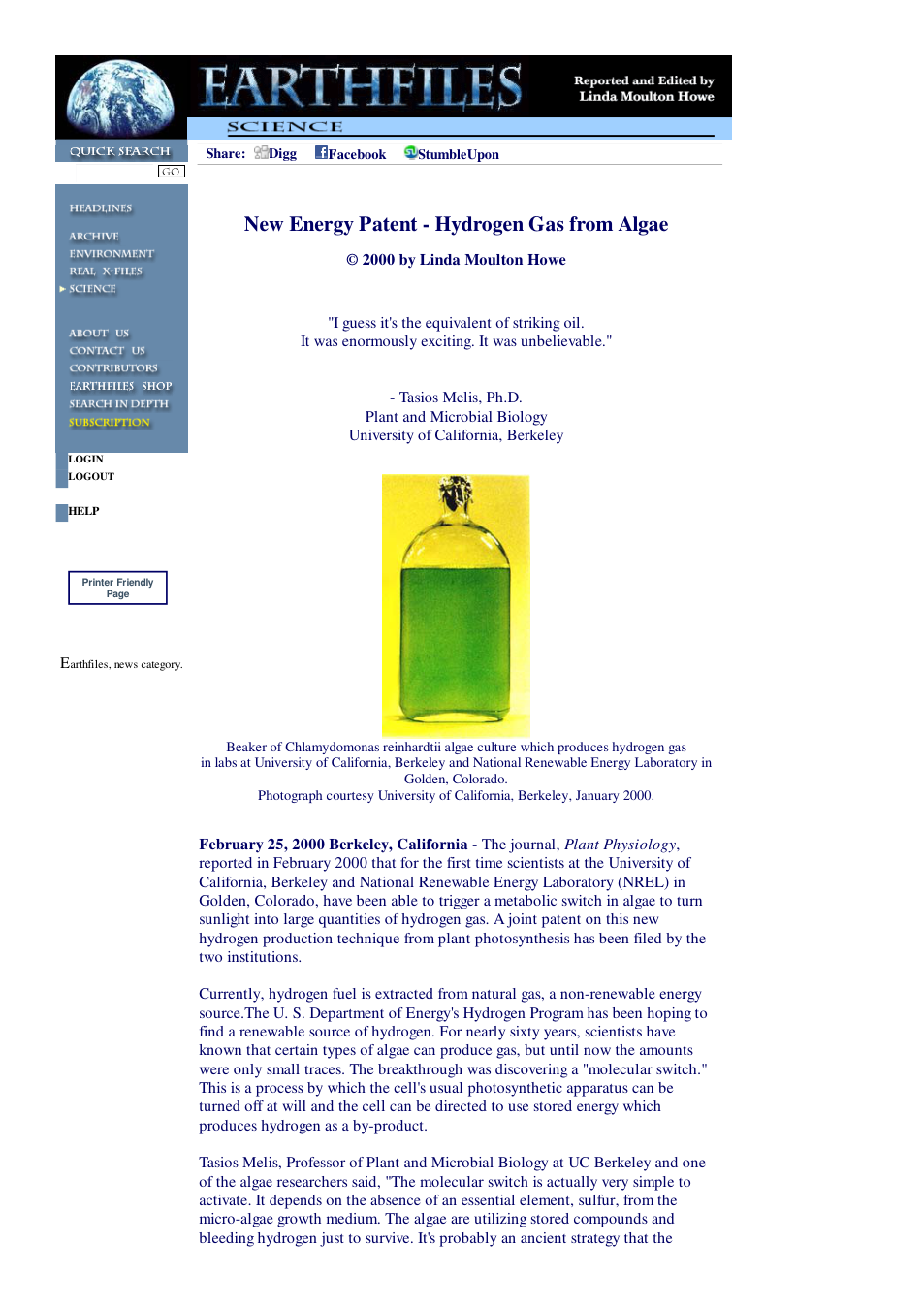 03 10 2000 New Energy Patent - Hydrogen Gas from Algae cover