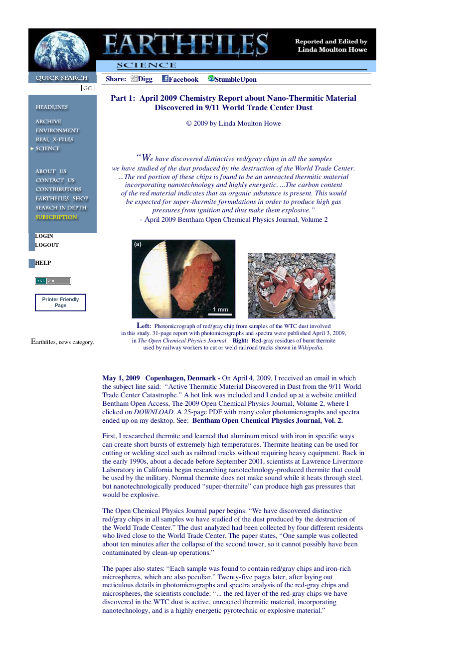 05 01 2009 Part 1 April 2009 Chemistry Report about Nano-Thermitic Material Discovered in 9 11 World Trade Center Dust cover