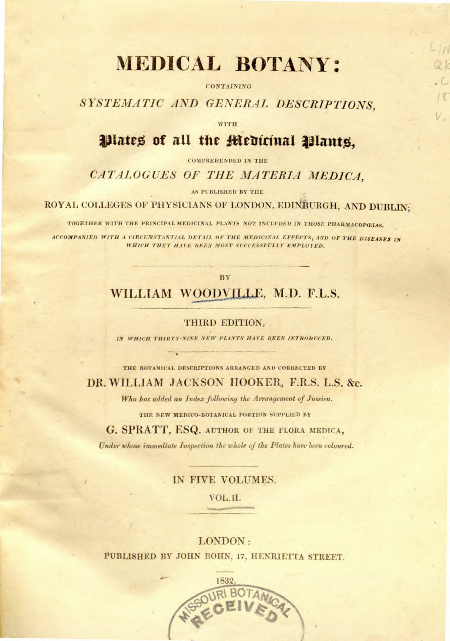 Medical botany - containing systematic and general descriptions, with plates of all the medicinal plants Vol 2 - W. J. Ho~1 cover
