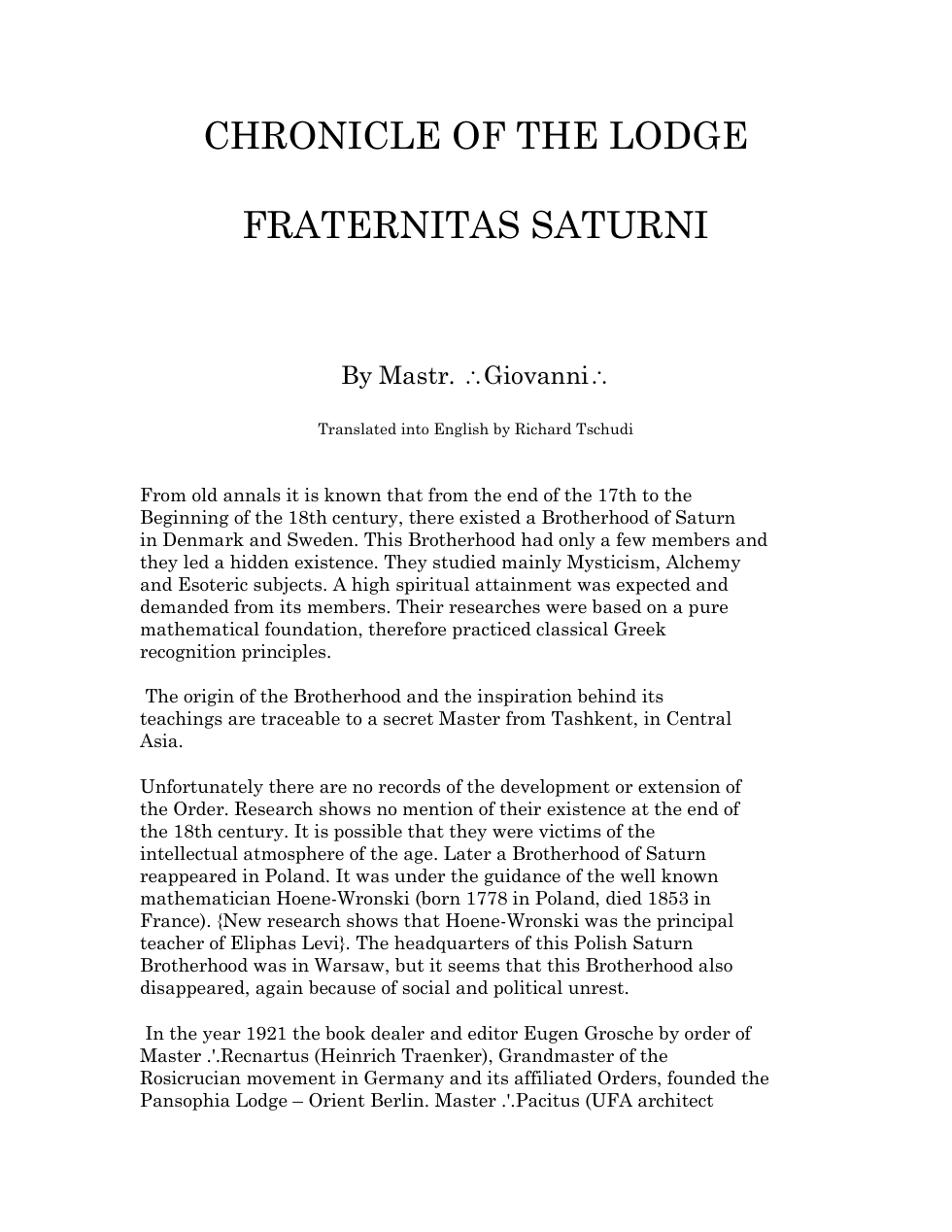 CHRONICLE OF THE LODGE FRATERNITAS SATURNI cover