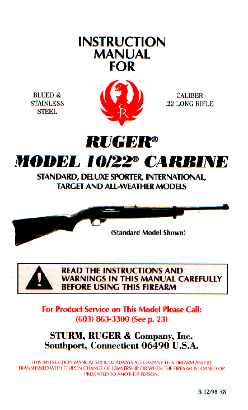 Ruger 10-22 Carbine .22 cal Manual 1998 21 pages cover