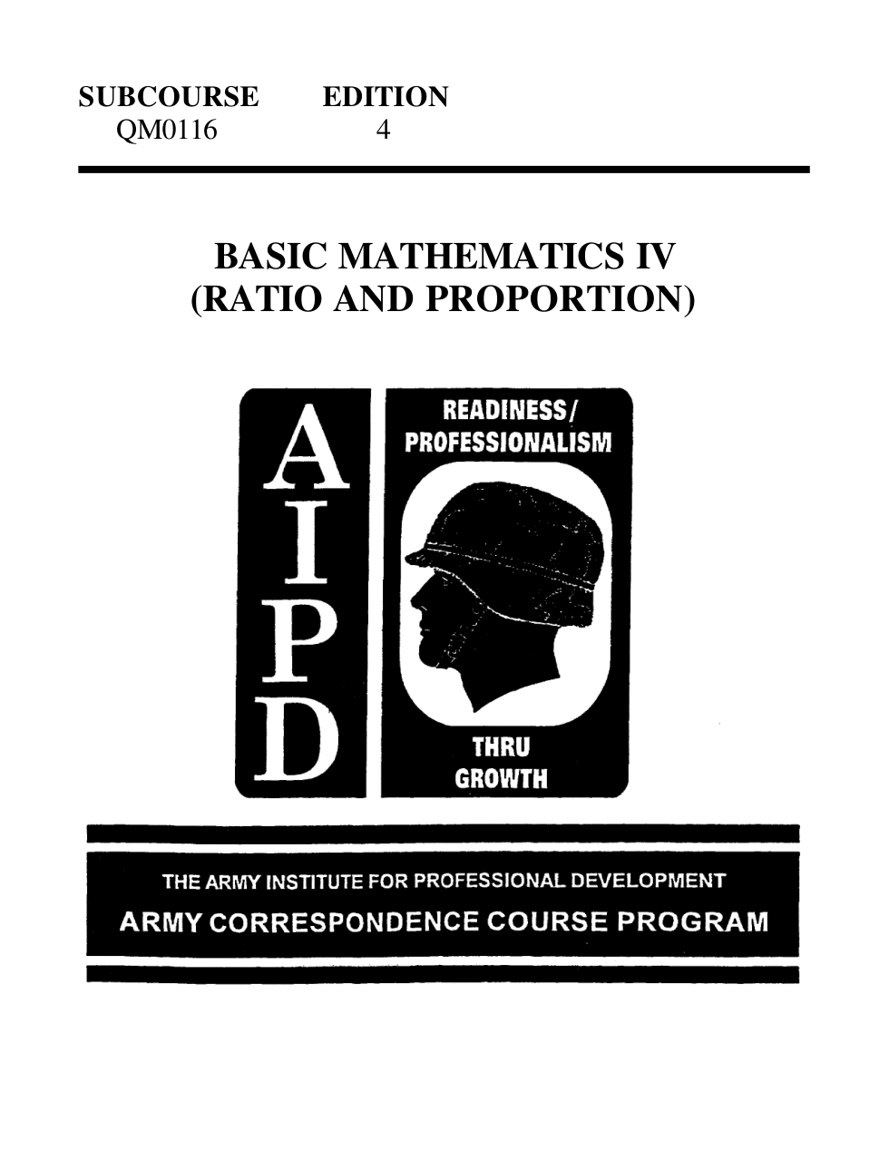 ARMY Basic Mathematics IV (Ratio and Proportion) 1988 33p. cover