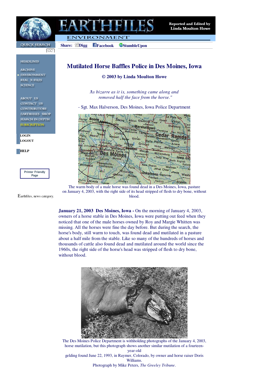 01 21 2003 Mutilated Horse Baffles Police in Des Moines, Iowa cover