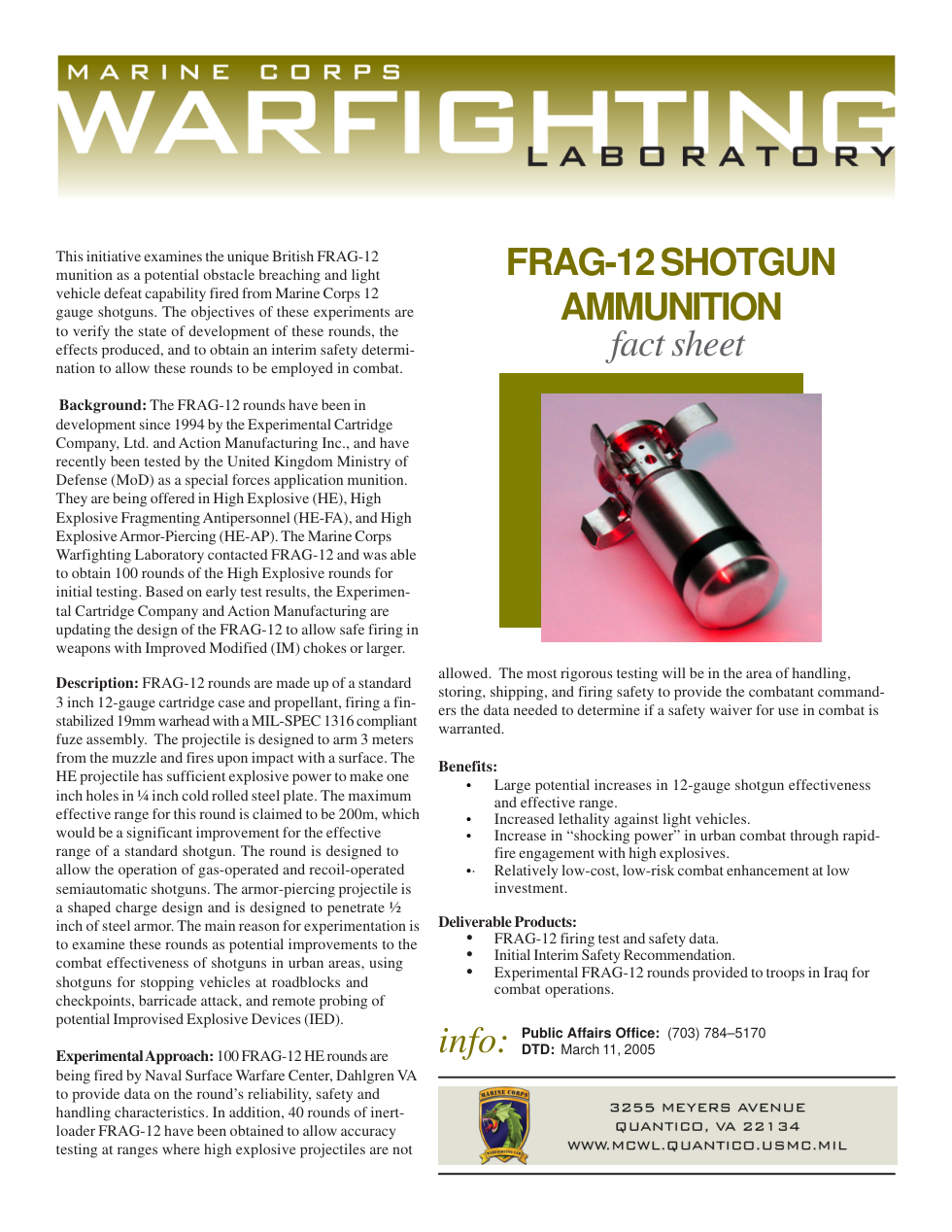 USMC FRAG-12 High Explosive Shotgun Shells 1 page cover