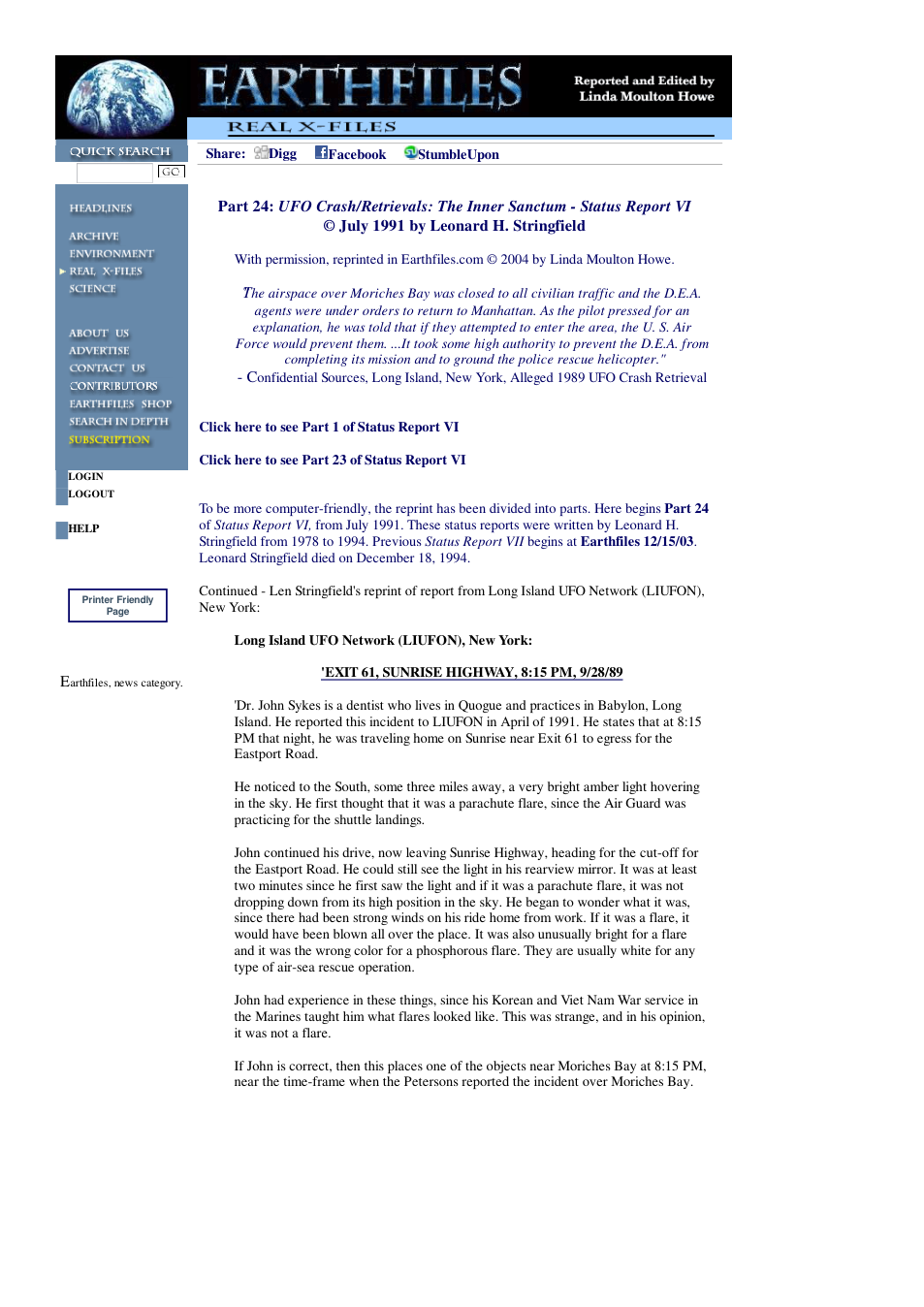 01 06 2005 Part 24 UFO Crash Retrievals The Inner Sanctum - Status Report VI July 1991 by Leonard H. Stringfield cover