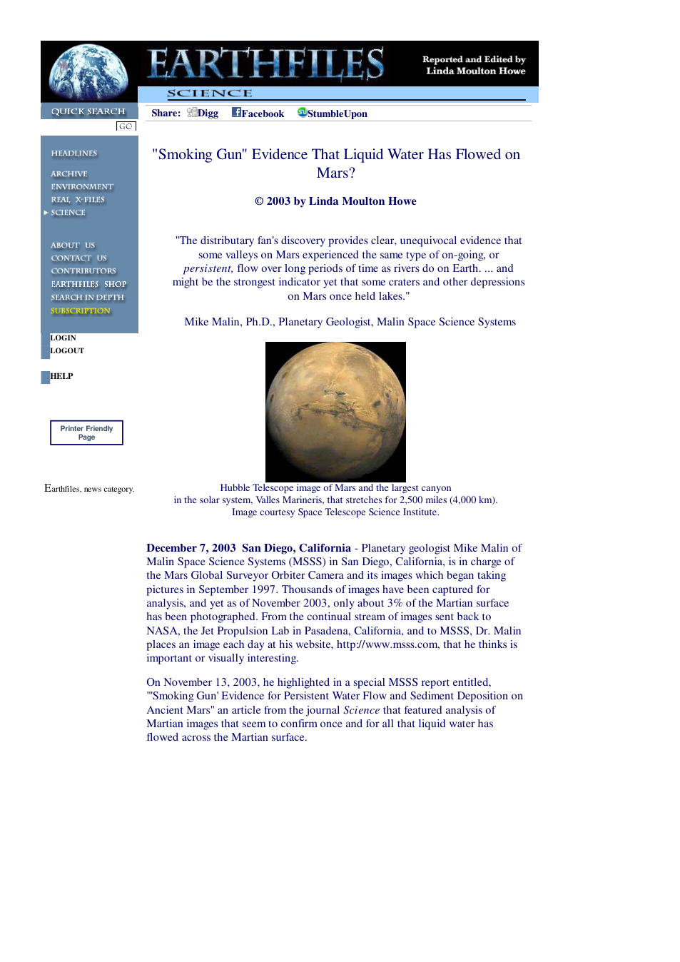 12 07 2003 Smoking Gun Evidence That Liquid Water Has Flowed on Mars cover