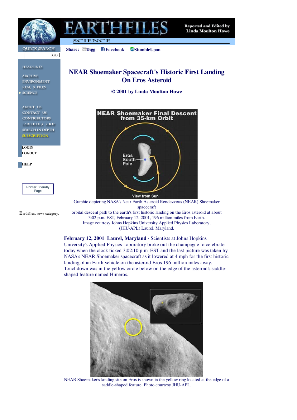 02 12 2001 NEAR Shoemaker Spacecraft's Historic First Landing On Eros Asteroid cover