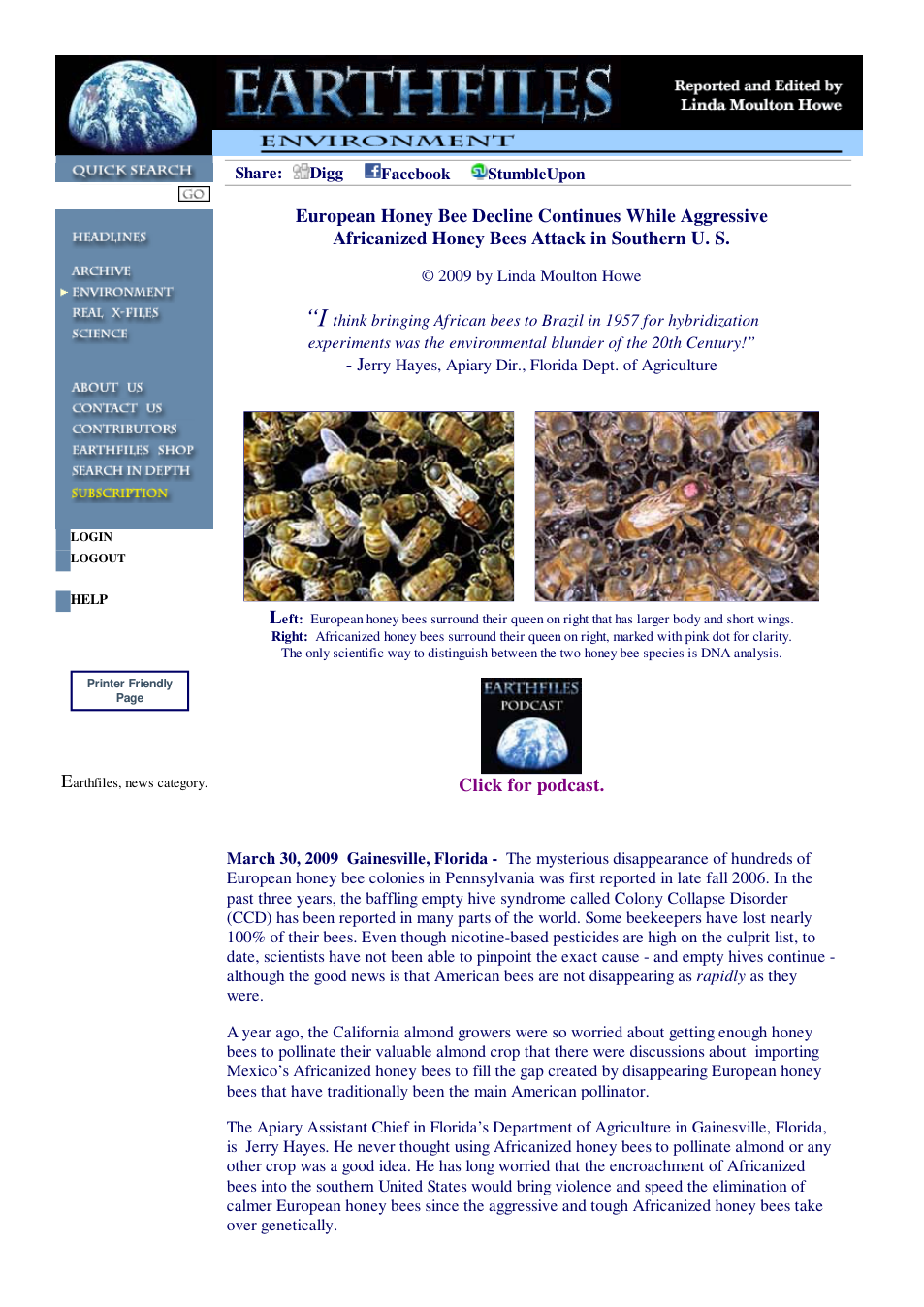 03 30 2009 European Honey Bee Decline Continues While Aggressive Africanized Honey Bees Attack in Southern U. S. cover