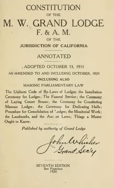 Constitution Of The M W Grand Lodge - California 1920 cover