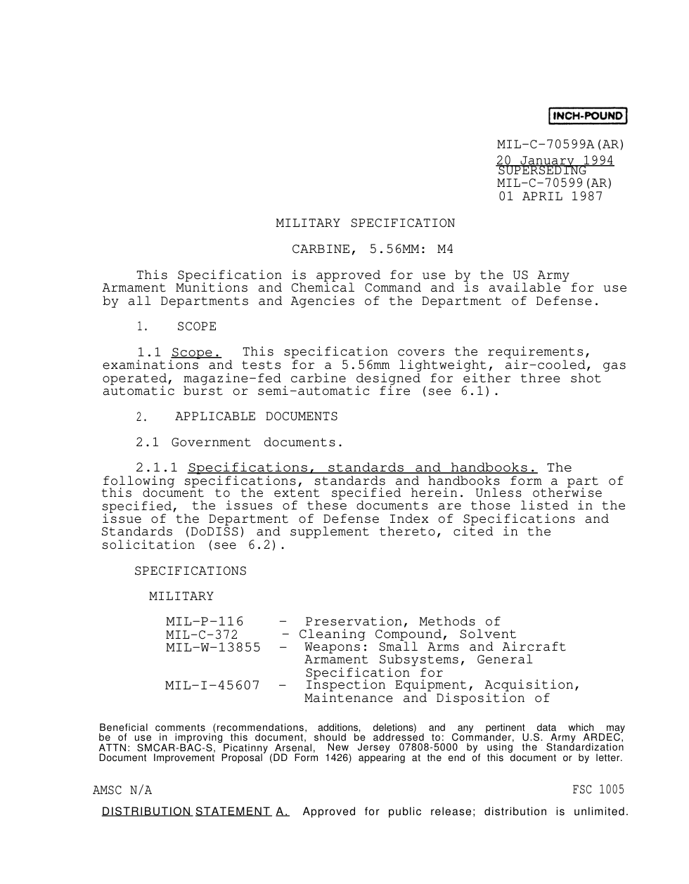 ARMY M4 CARBINE 5.56MM 1987 56 pages cover