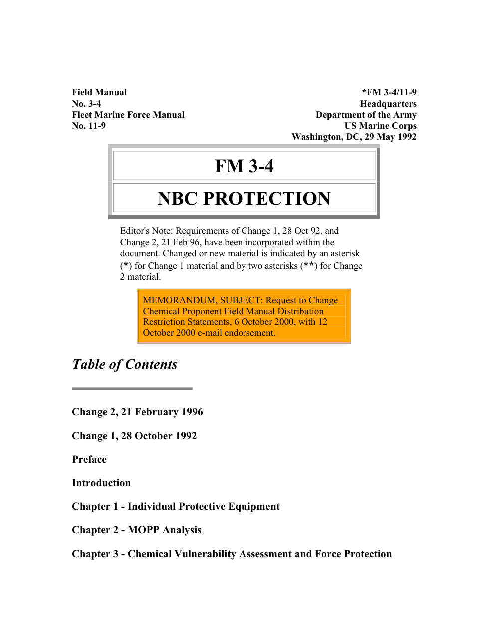 USMC NBC Protection FM 3-4 1992 195 pages cover