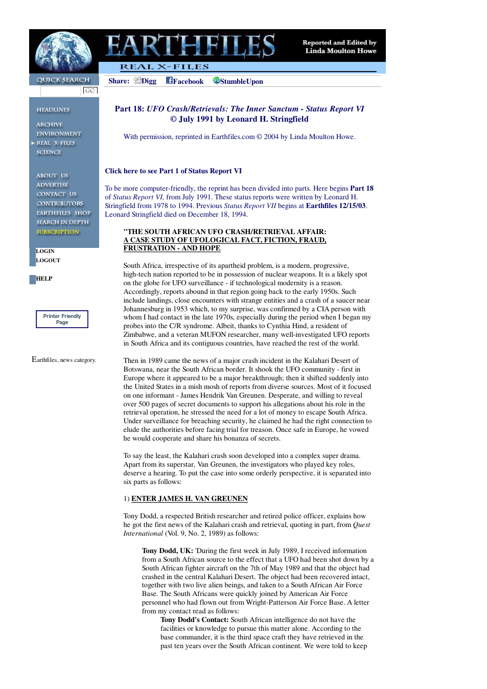 09 30 2004 Part 18 UFO Crash Retrievals The Inner Sanctum - Status Report VI July 1991 by Leonard H. Stringfield cover