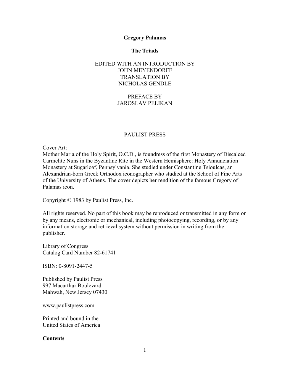 Gregory Palamas-Gregory Palamas The Triads (Classics of Western Spirituality)-Paulist Press(1982) cover