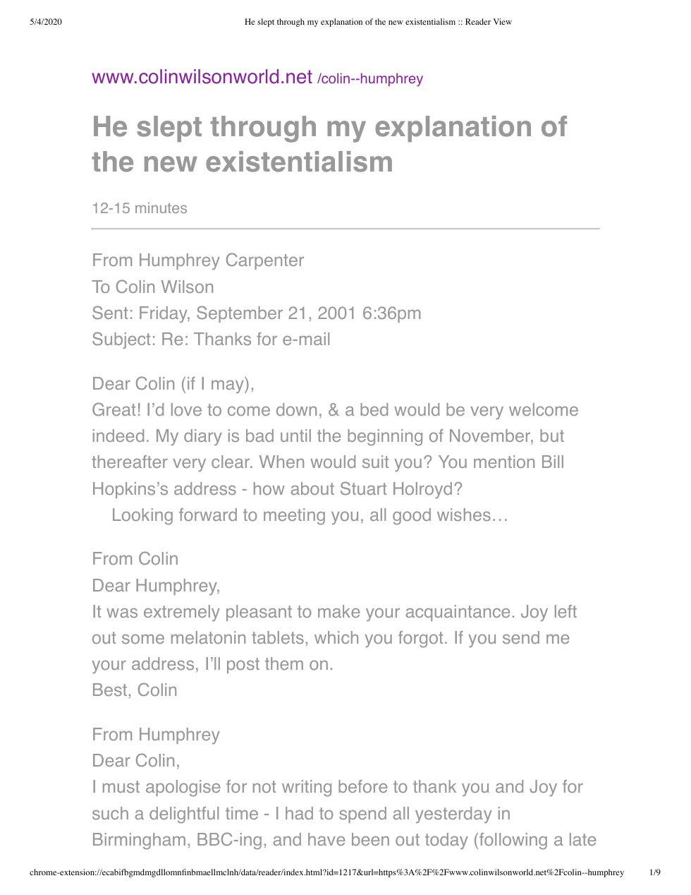 Colin Wilson - Email Exchange With Humphrey Carpenter cover