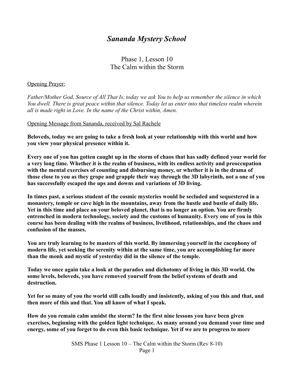 SMS Phase 1 Lesson 10 - The Calm within the Storm cover