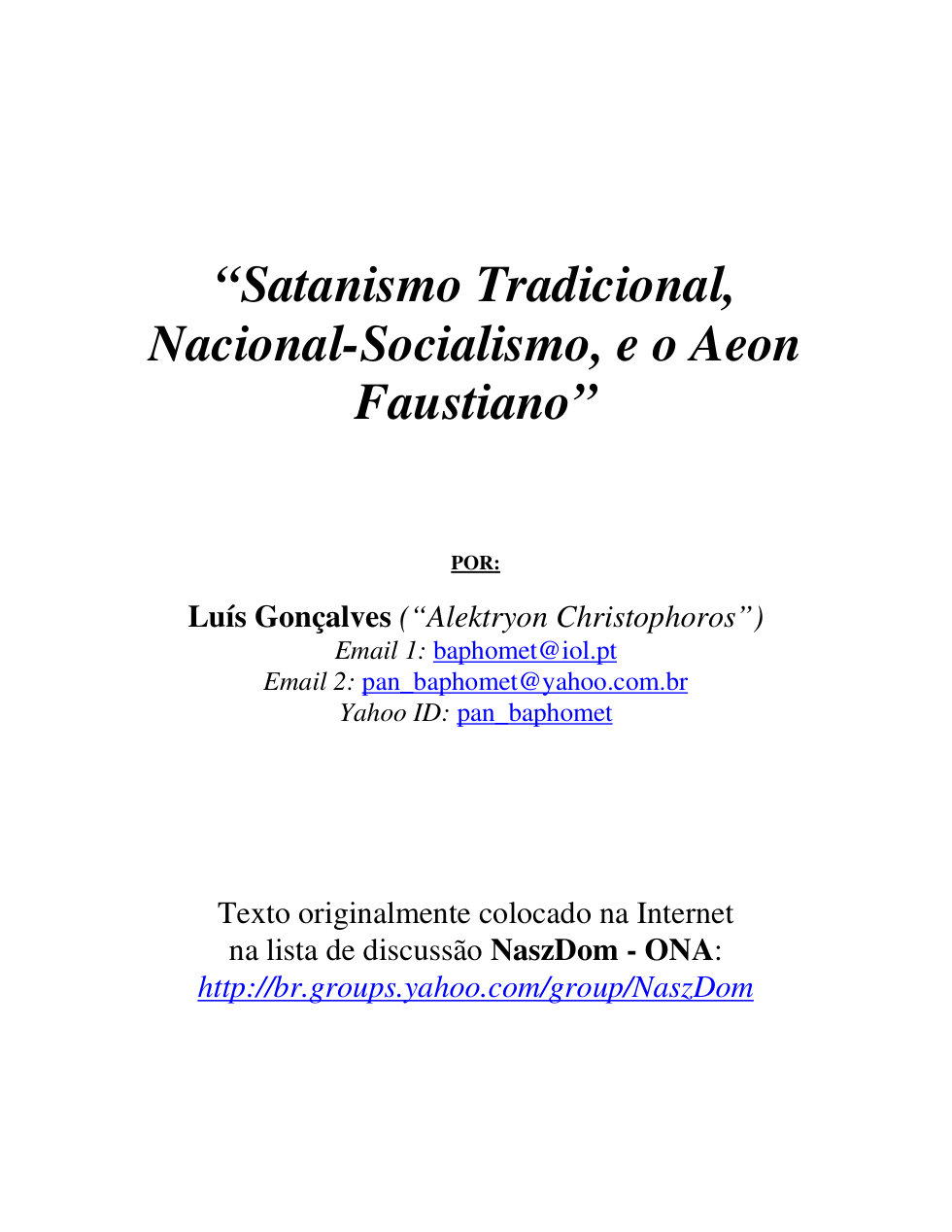 Satanismo Tradicional, Nacional-Socialismo e o Aeon Faustiano cover