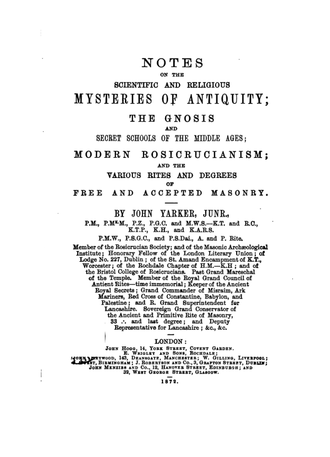 Scientific & Religious Mysteries Of Antiquity - J Yarker cover