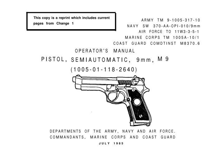 ARMY 9mm M9 Pistol Use & Maintenance 1985 120 pages cover
