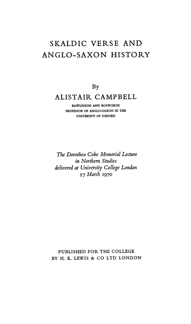 Alistair Campbell - Skaldic verse and Anglo-Saxon history cover