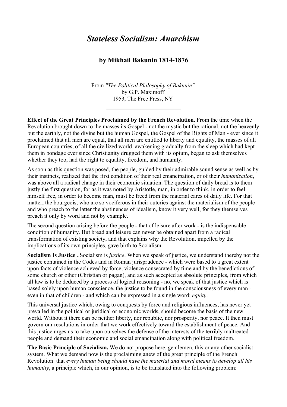 Miikhail Bakunin - Stateless Socialism = Anarchism cover
