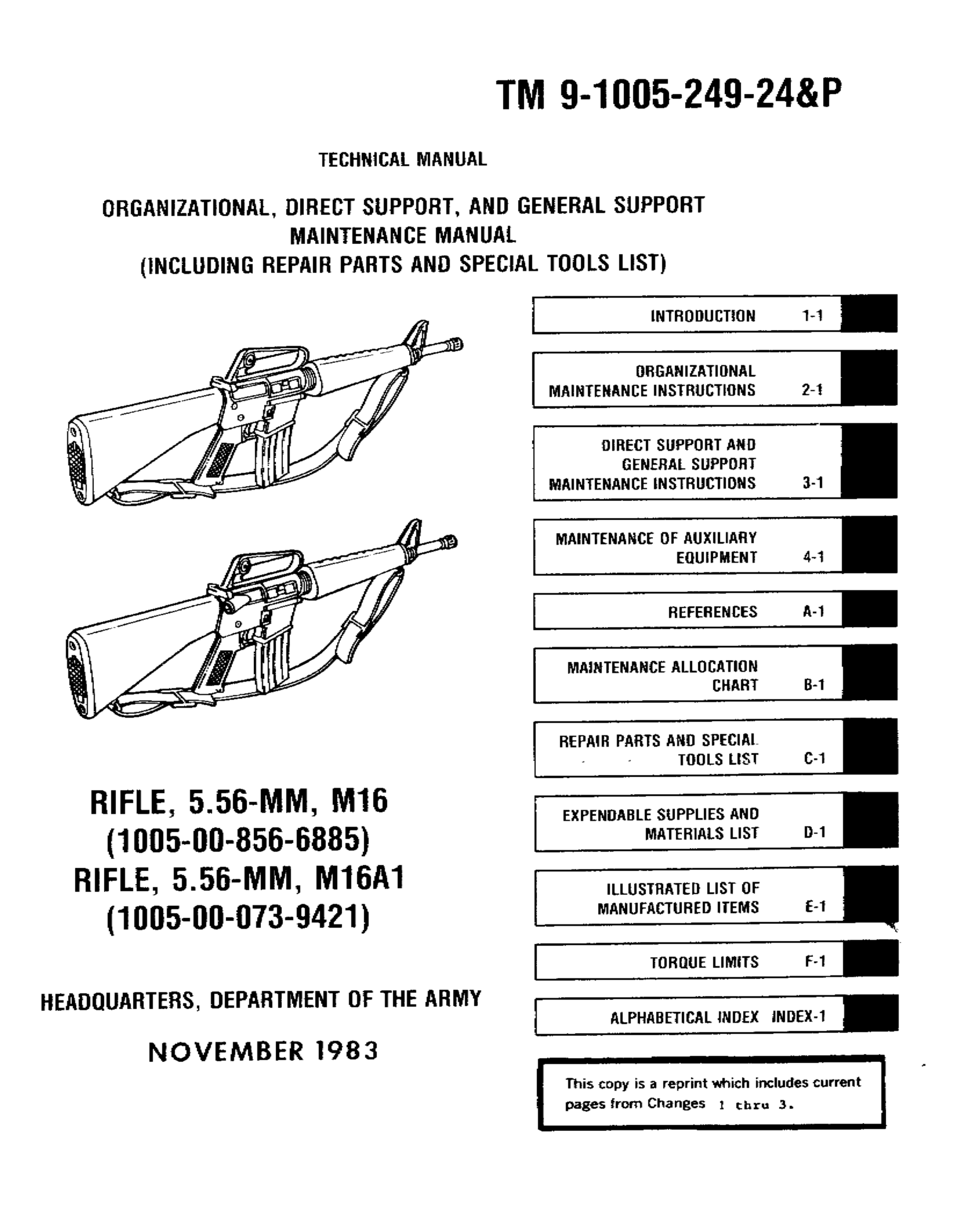 ARMY M16 Rifle Manual TM 9-1005 1983 202 pages cover
