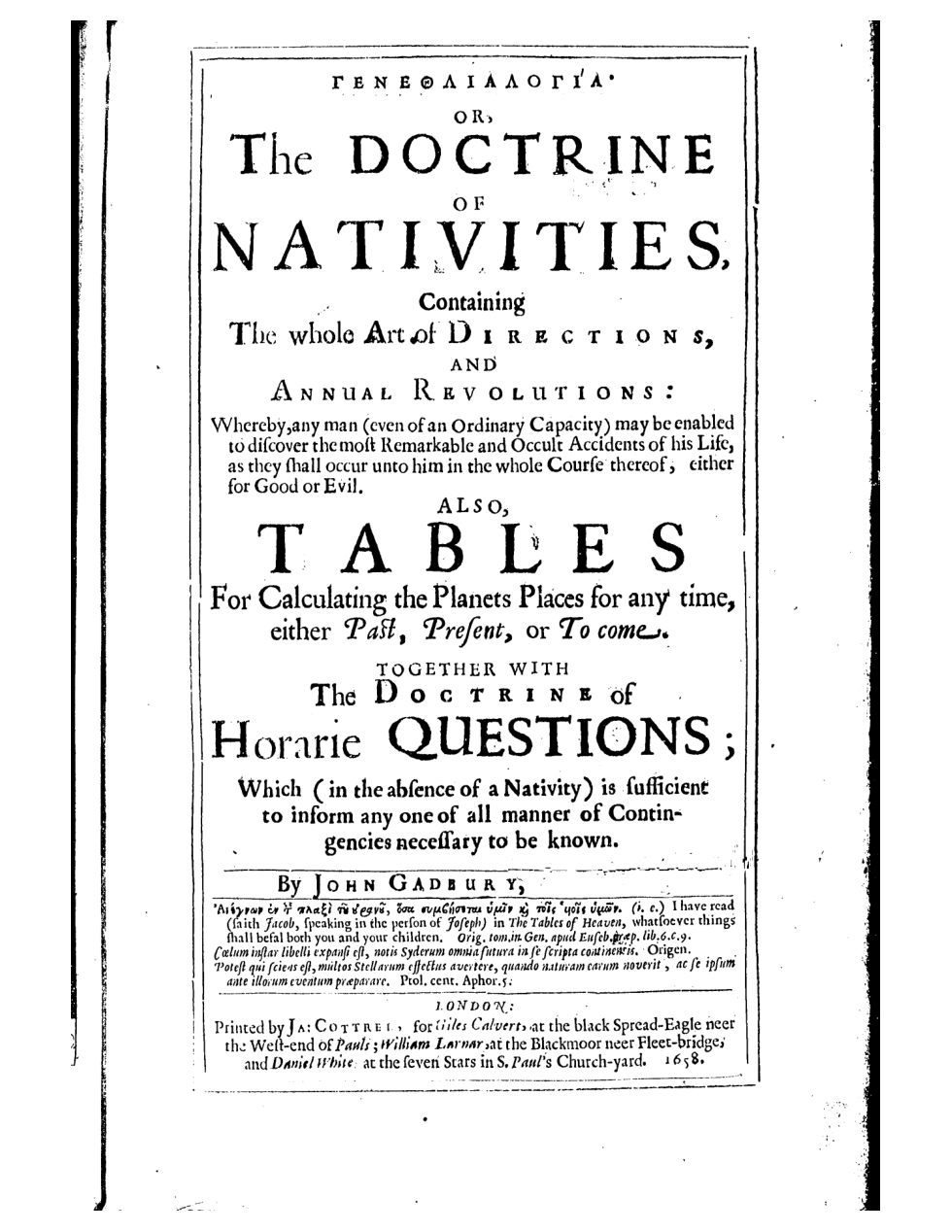Gadbury, John - 1658 - Doctrine of Nativities & Horary Questions cover