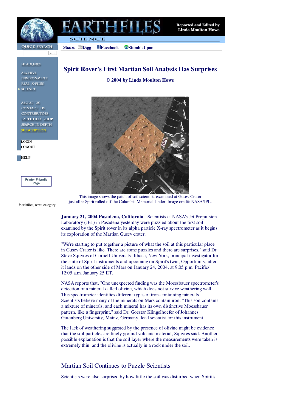 01 21 2004 Spirit Rover's First Martian Soil Analysis Has Surprises cover