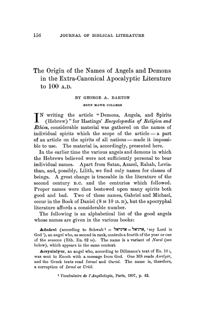 The Origin of the Names of Angels and Demons in the Extra-Canonical Apocalyptic Literature to 100 A.D. - G Barton (1912) ~1 cover